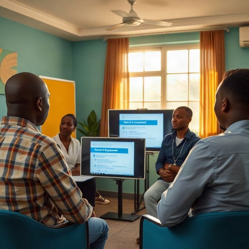 Four professionals in a Kisumu training room reviewing a role playbook on a shared screen