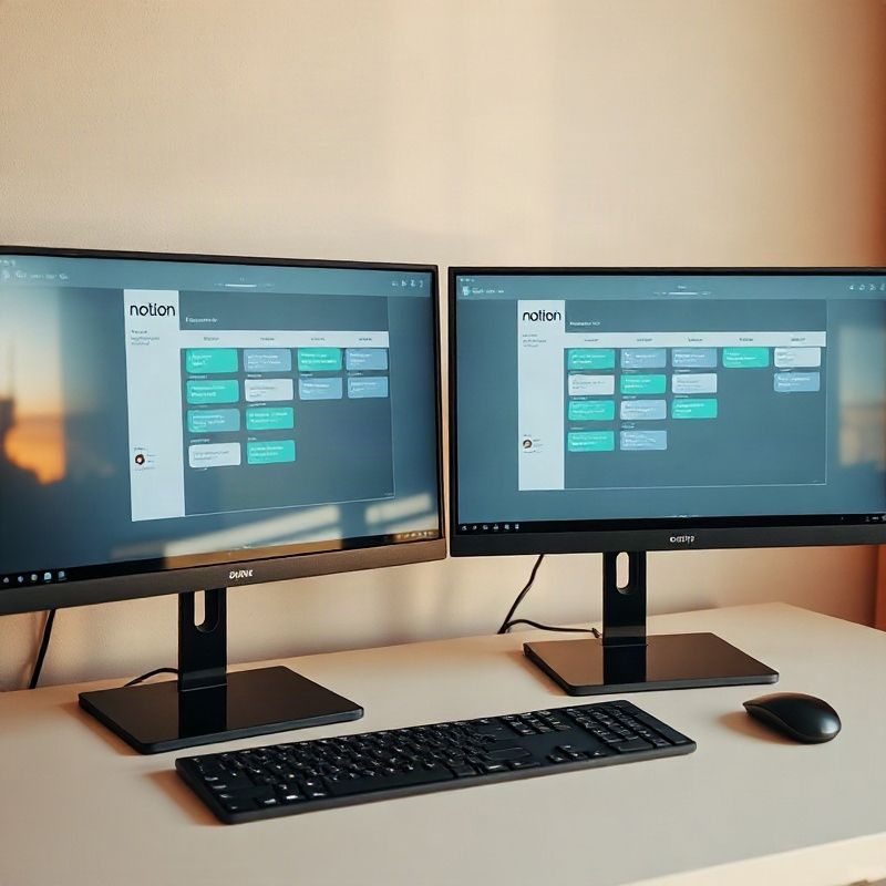 Dual monitors showing a structured Notion content pipeline with colour-coded workflow stages
