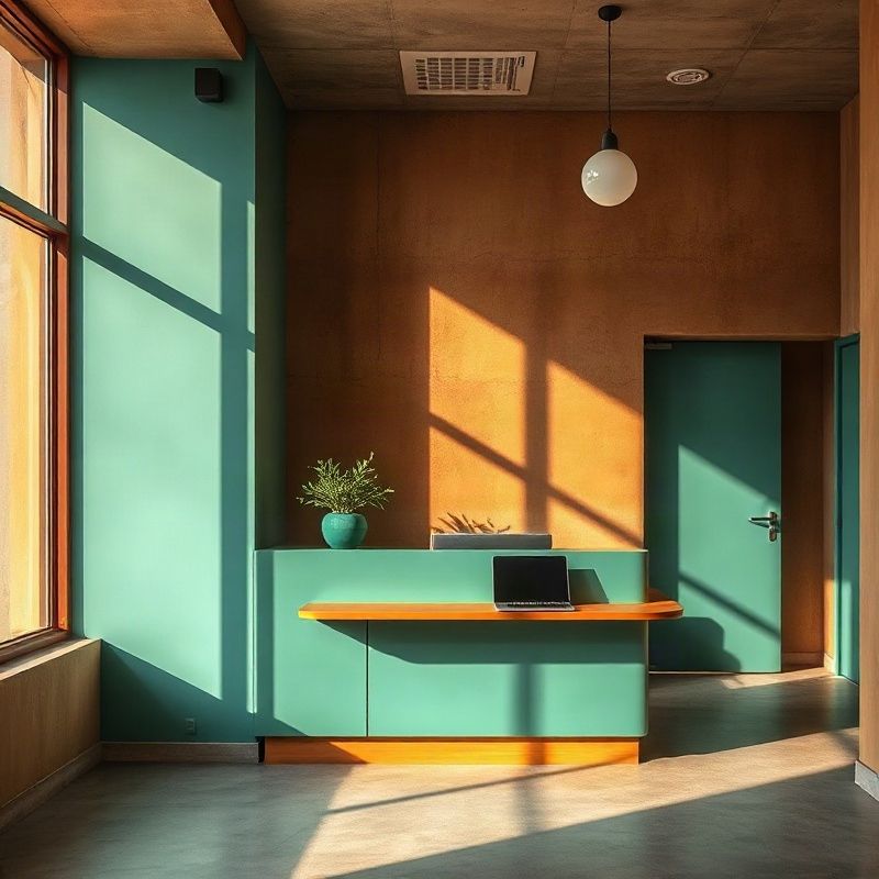 Minimalist Astrorterra reception desk in Kisumu with warm afternoon light